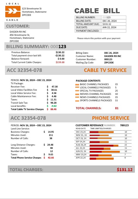 USA Marine Local Cable business utility bill template in Word and PDF formats